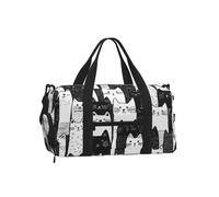 Sports Gym Bag For Boys Girls, Cute Black White Cats Pattern Travel Duffel Bag With Shoe Compartment & Adjustable Strap, Water-Resistant Weekender Overnight Tote Carry-On Bag For Men Women