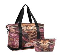 Sports Gym Bag Travel Duffel Bag Weekender Overnight Bag with Wet Pocket Shoes Compartment and Toiletry Bag Giraffe in Flowers by Artist for Woman Men