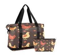 Sports Gym Bag Travel Duffel Bag Weekender Overnight Bag with Wet Pocket Shoes Compartment and Toiletry Bag Red Yellow Chicken for Woman Men