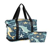 Sports Gym Bag Travel Duffel Bag Weekender Overnight Bag with Wet Pocket Shoes Compartment and Toiletry Bag Mermaids and Dolphins for Woman Men