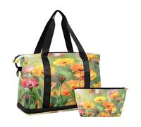 Sports Gym Bag Travel Duffel Bag Weekender Overnight Bag with Wet Pocket Shoes Compartment and Toiletry Bag Bright Orange Yellow Flowers Blooming in The Summer Sun for Woman Men