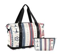 Sports Gym Bag Travel Duffel Bag Weekender Overnight Bag with Wet Pocket Shoes Compartment and Toiletry Bag A Classic Nautical Theme Pattern with Anchors Ship Wheels and Lighthouses Complemented by