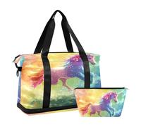 Sports Gym Bag Travel Duffel Bag Weekender Overnight Bag with Wet Pocket Shoes Compartment and Toiletry Bag Unicorn Standing on The Rainbow Hand-Painted Illustrat for Woman Men
