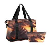 Sports Gym Bag Travel Duffel Bag Weekender Overnight Bag with Wet Pocket Shoes Compartment and Toiletry Bag Fire Flying Dragon for Woman Men