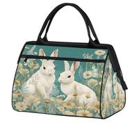 Sports Gym Bag Travel Duffle Bag, Cute White Rabbit with Flowers Easter Waterproof Weekender Carry On Tote Bags for Men Women