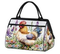 Sports Gym Bag Travel Duffle Bag, Painting Chicken Rooster Flower Farmhouse Waterproof Weekender Carry On Tote Bags for Men Women