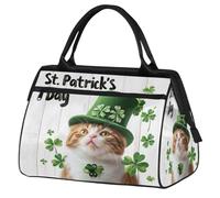 Sports Gym Bag Travel Duffle Bag, St. Patrick's Day Clover Cute Cat with Green Hat Waterproof Weekender Carry On Tote Bags for Men Women