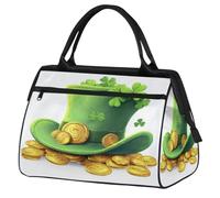 Sports Gym Bag Travel Duffle Bag, St. Patrick's Day Green Shamrock Clover Leaf Hat and Gold Coin Waterproof Weekender Carry On Tote Bags for Men Women