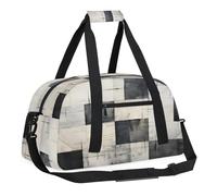 Sports Gym Bag with Front Zipper Pocket for School Practice or Overnight Travel Weekender Sleepover Tote Bag, Black and White Plaid Geometric, 18.9"L x 8.7"W x 7"10.6"H