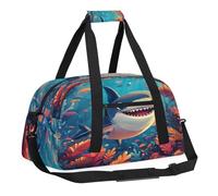 Sports Gym Bag with Front Zipper Pocket for School Practice or Overnight Travel Weekender Sleepover Tote Bag, Funny Sea Sharks, 18.9"L x 8.7"W x 7"10.6"H