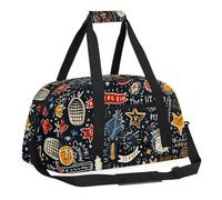 Sports Gym Bag with Front Zipper Pocket for School Practice or Overnight Travel Weekender Sleepover Tote Bag, Rock and Roll Graffiti, 18.9"L x 8.7"W x 7"10.6"H