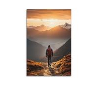Sports Hiker Moving Forward Among Mountains at Sunset Picture Poster Modern Wall Art Canvas Aesthetic Decoration Painting 12x18inch(30x45cm) Unframe-style