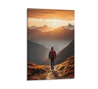 Sports Hiker Moving Forward Among Mountains at Sunset Picture Poster Modern Wall Art Canvas Aesthetic Decoration Painting 12x18inch(30x45cm) Frame-style