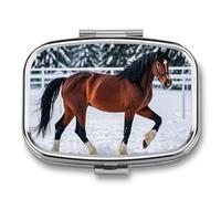 Sports Horses in The Snow Winter Pill Box Travel Pill Organizer 2 Compartment Weekly Pill Case with Mirror A Day Medicine Container Medicine Organizer for Purse, Pocket, Or Wallet
