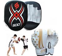 Sports Kids Junior Focus Pads Set Hook & Jabs Pads Coaching Pad Pro Boxing Mitts Sparing Boxing Gloves Punching MMA Training Mitten Target Striking Shield (Gold/White)