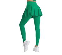 Sports Leggings with 2 in 1 Design, Long Yoga Trousers, Elastic High Waist Sports Leggings with Pocket, Outer Pleated Mini Skirt, Hips Covered and Slim Running Trousers Appear, Green, L