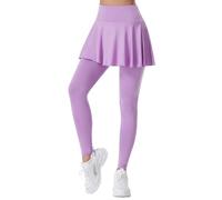 Sports Leggings with 2 in 1 Design, Long Yoga Trousers, Elastic High Waist Sports Leggings with Pocket, Outer Pleated Mini Skirt, Hips Covered and Slim Running Trousers Appear, purple, M