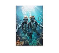 Sports Poster Twin Divers in Silver Suits Underwater Poster Wall Art Canvas Aesthetic Cover Painting for Living Room Bed Room 24x36inch(60x90cm) Unframe-style