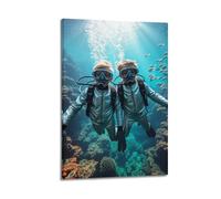 Sports Poster Twin Divers in Silver Suits Underwater Poster Wall Art Canvas Aesthetic Cover Painting for Living Room Bed Room 08x12inch(20x30cm) Frame-style