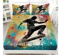 Sports Skateboarding Theme Graffiti 4Ft Small Double Fitted Bed Sheet - Hotel Luxury Breathable Fitted Sheet Deep Pocket 12 inch Colorful Soft & Comfy Brushed Bed Sheet with 2 Pillowcases for Kids