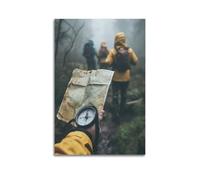 Sports Team Moving Forward with Map And Compass in Mountain Forest Mist Picture Poster Modern Wall Art Canvas Aesthetic Decoration Painting 08x12inch(20x30cm) Unframe-style