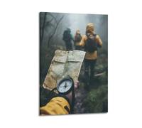 Sports Team Moving Forward with Map And Compass in Mountain Forest Mist Picture Poster Modern Wall Art Canvas Aesthetic Decoration Painting 24x36inch(60x90cm) Frame-style