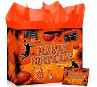 Sports Theme Birthday Gift Bag with Card and 3 Tissue Sheets, 12x10x5 Inch | slam dunk scoreboard design, 1 bag with 1 card & 3 tissue sheets, satin handles, reinforced base, basketball fan party