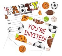 Sports Theme Birthday Party Invitations, Birthday Invitations for Boys | 20Pcs, It's Party Time, with Envelopes and Stickers, Including Basketball, Football, Soccer, Baseball and Tennis, 6.7” x 4.7”