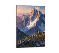 Sports Viewer Looking Into The Distance on Snow Mountain Meadow at Sunrise Picture Poster Modern Wall Art Canvas Aesthetic Decoration Painting 24x36inch(60x90cm) Frame-style