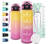 Sports Water Bottle, 1000 ml BPA-Free, Suitable for Carbonated Drinks, Leak-Proof, Water Bottle, with Time Stamp, Bottle, Sports Bottle for Yoga, School, Bike, Fitness, Yellow Pink