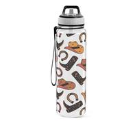 Sports Water Bottle Cowboy Boots Hat Horseshoe Tritan Drinking Bottle with Straw Large 1000ml BPA-Free Clear Leakproof for Kids Boys Girls Women Men Gym School