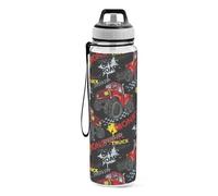 Sports Water Bottle Monster Red Truck Car Tritan Drinking Bottle with Straw Large 1000ml BPA-Free Clear Leakproof for Kids Boys Girls Women Men Gym School