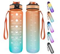 Sports Water Bottle with Motivational Time Marker & Straw, 1L Leakproof Drink Bottles with BPA Free Tritan Non-Toxic Plastic, Ideal for School,Cycling,Gym,Camping (Orange Green)