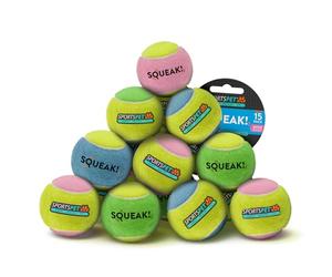 SPORTSPET Mini Squeak Tennis Dog Balls for Puppies, PACK OF 15 | Non-Toxic, Durable, Floating Dog Balls with Squeaker, squeaky tennis balls for dogs, squeaky dog balls, squeak ball dog