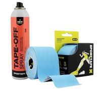 SPORTTAPE Kinesiology Tape Removal Bundle - 5cm x 5m Blue Waterproof Hypoallergenic Physio Tape for Muscle & Joint Support plus 250ml Fast Drying, Skin Friendly Adhesive Remover Spray