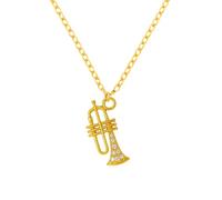Sportybella Trumpet Necklace Gold Stainless Steel Pendant with Chain, Crystal Accent, Lightweight Music Jewelry Gift for Jazz Lovers, Band Members, Recital Accessories, Musicians