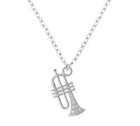 Sportybella Trumpet Necklace Silver Stainless Steel Pendant with Chain, Crystal Accent, Lightweight Music Jewelry Gift for Jazz Lovers, Band Members, Recital Accessories, Musicians