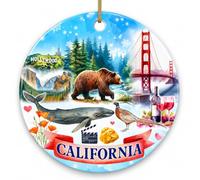 Sportyzen California State Ornament 2025 - Golden State Souvenir Christmas Tree Decoration Featuring Golden Gate Bridge, Hollywood, Yosemite, Bear, Whale, Wine - Ceramic Round Keepsake Gift