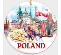Sportyzen Poland Country Ceramic Ornament - Polish Flag Festive Decor - Round Ceramic Keepsake - Holiday Travel Souvenir Ornament - Polish Eagle, Pierogi, Wawel Castle & Accordion