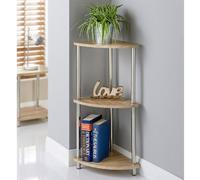 Saxony® Corner Shelf Unit 3 Tier Oak Finish Corner Shelving Storage Shelves Small Bookshelf Free Standing Stainless Steel Legs Living Room Decor Stylish Indoor Furniture