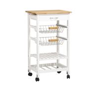 Spot On Dealz 5-Tier Kitchen Trolley: Mobile Rolling Island with Drawer, 2 Basket Shelves & Wine Rack, Bamboo Top & White Frame (G-0020)