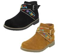 Spot On Girls Black Synthetic Suede Flower Detail Buckle Boots H5R072