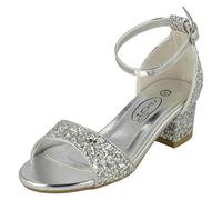 Spot On Girls Mid Heel Glitter Sandals H1107 - Silver Glitter - UK Size 12 - EU Size 30 - US Size 13