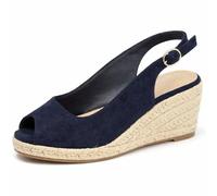 Spot On Ladies Anne Michelle Microfibre Wedge Heel Squared Toe Sandals F2306 - Navy Microfibre - UK Size 5 - EU Size 38 - US Size 7