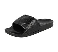 Spot On Ladies Flat Glitter Vamp Sliders - Black Glitter - UK Size 8 - EU Size 41 - US Size 10