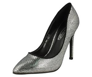 Spot On Ladies High Heel Pointed Toe Snake Design Court Shoes - Silver Synthetic - UK Size 7 - EU Size 40 - US Size 9