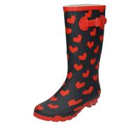 Spot On Ladies Spot On Heart Print Wellington Boots - Navy/Red - UK 4