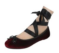 Spot On Ladies Tie Up Leg Flat Ballerinas - Burgundy Velvet - UK Size 7 - EU Size 40 - US Size 9
