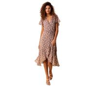 Roman Originals Frill Dress for Women UK Ladies Summer Wrap Chiffon Frill Hem Layered Belted Midi Maxi Tiered Cape Special Occasion Fit & Flare Wedding Guest Swing Skater - Taupe - Size 8