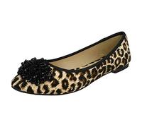 SPOTON Ladies Beaded Ruffle Vamp Flat Ballerina - Tan Leopard Microfibre - UK Size 6 - EU Size 39 - US Size 8